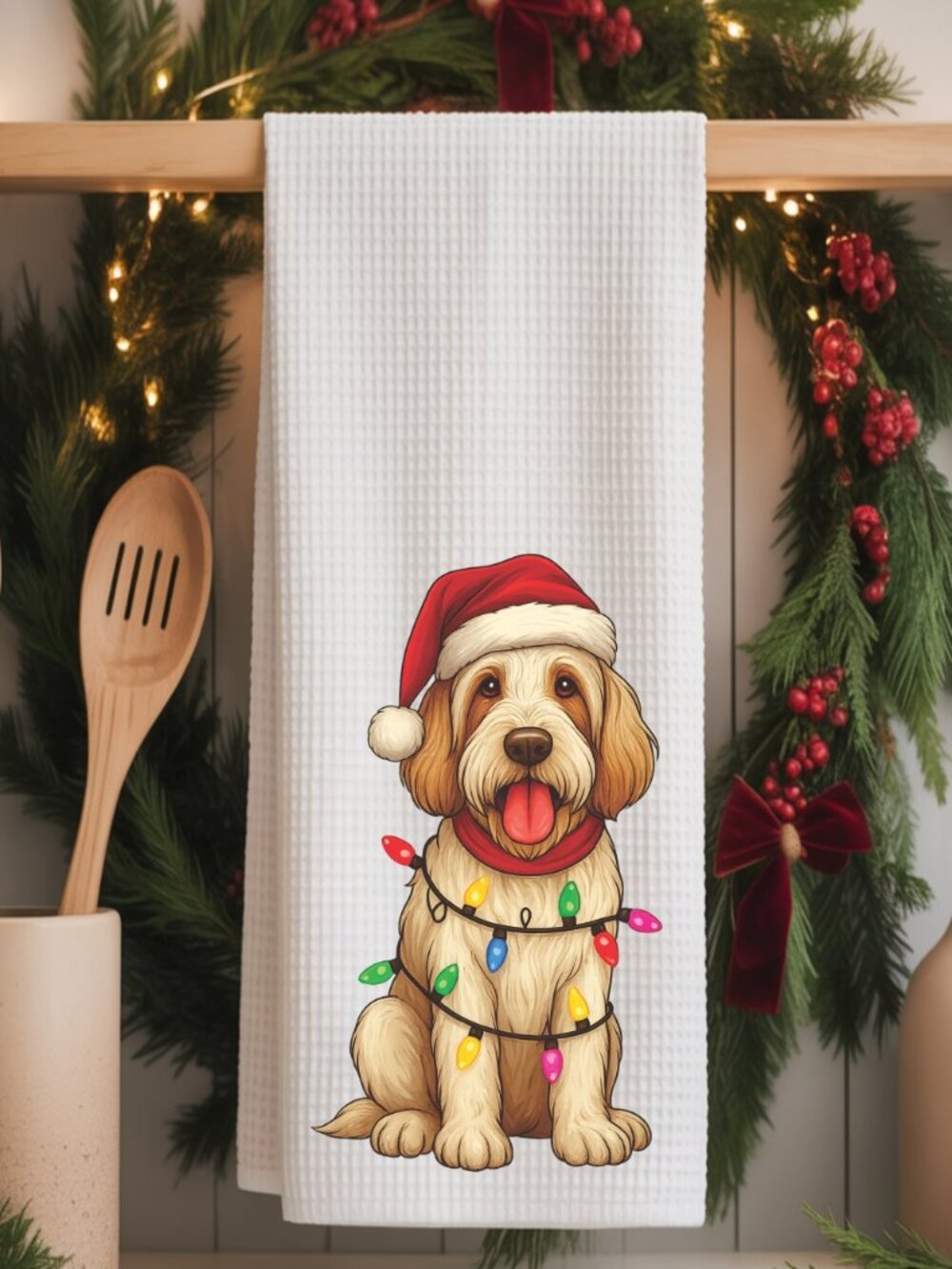 Italian Spinoni Christmas Lights Decorative Kitchen Tea Towel